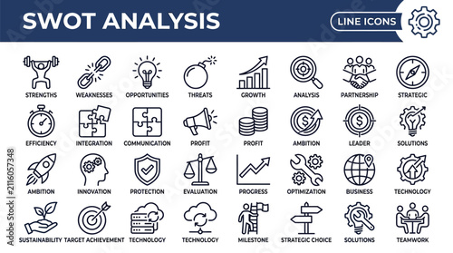 Swot analysis line icons illustrate strategic business.