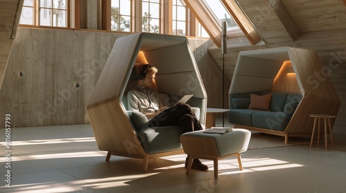 Man work in modern acoustic pod, focus, quiet space, cozy, sunlight