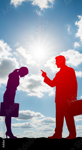 Silhouette of a man in red gesturing towards a bowed woman in purple, symbolizing authority and subordination against a sky background