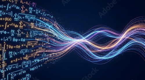 Glowing complex mathematical equations transforming into vibrant streams of light against dark blue background in a digital science visualization concept