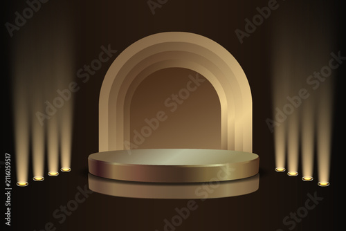 Luxurious glowing circular podium with layered arch background and bright spotlights for product showcase