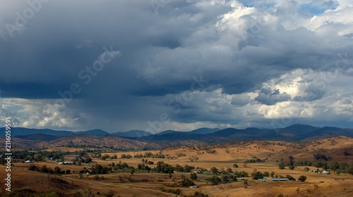 Beautiful and breathtaking view of rain over distant hills. Landscape of rainy hamra over hills.
