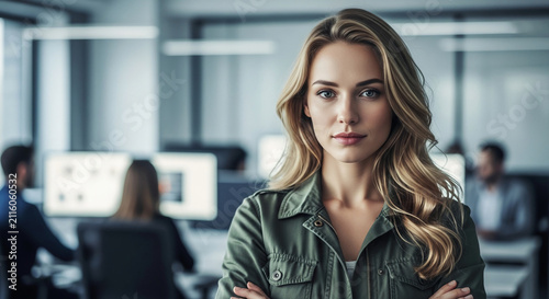 Portrait of a confident young woman in an office, showcasing professionalism and ambition, perfect for business or corporate themes