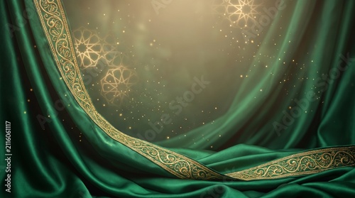 Ultra realistic premium Mawlid al-Nabi background with flowing emerald green silk, elegant gold trim, glowing Islamic geometric patterns, sparkling golden dust, and large copy space.