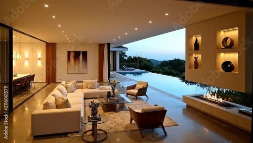 Modern luxury living room interior featuring a white sectional sofa, glass coffee table, and indoor fireplace, opening to an infinity pool and mountain landscape during twilight blue hour.