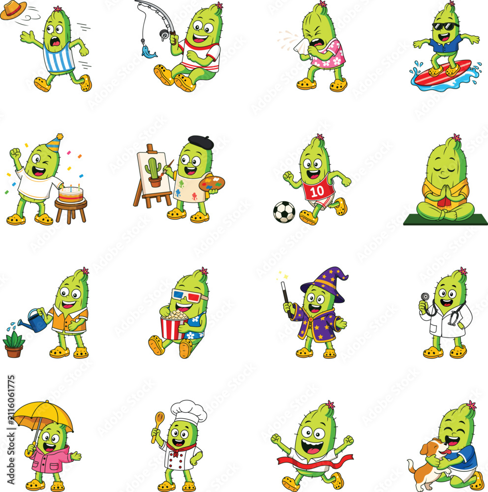 Obraz premium Active cactus mascots fishing, surfing, sneezing, celebrating birthdays, painting, playing sports, gardening, performing magic, working in creative roles. 