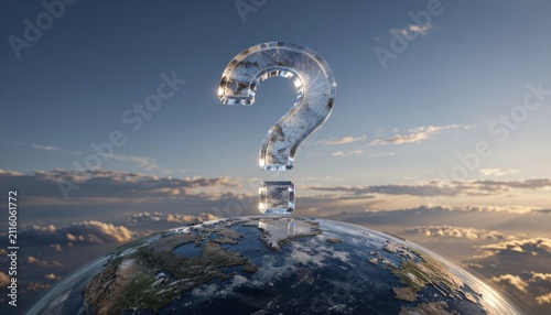 Glass Question Mark Floating Above Earth Globe at Sunrise