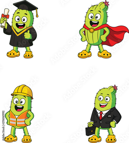 Professional cactus mascots portrayed as a graduate, superhero, construction worker, businessman in colorful flat vector style. 
