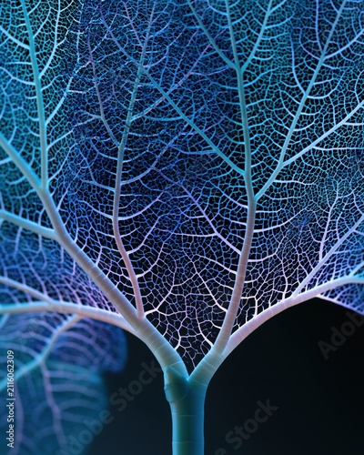 Abstract Skeleton Leaf Structure with Vibrant Blue and Purple Hues