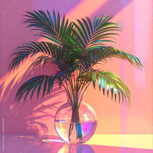 Colorful Palm Leaves in Glass Vase on Pink Orange Background