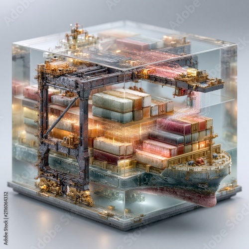 Miniature Container Ship and Crane in Cube Representing Global Logistics