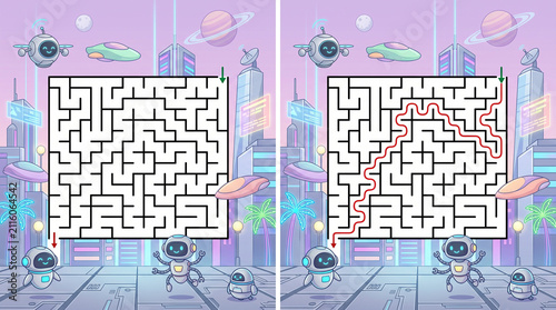 Cartoon maze puzzle with colorful sci-fi background and robots 