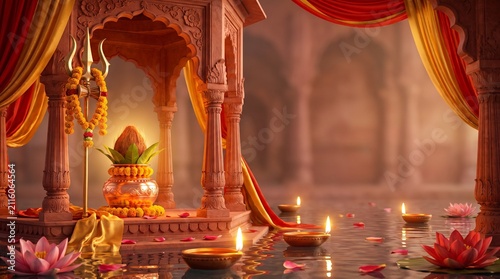 Sharad Navratri wallpaper, sacred trident, lotus flowers, glowing kalash, elegant temple arches and floating diyas illuminated by warm golden light