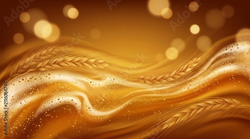 Great American Beer Festival background, luxurious amber and gold gradient featuring abstract beer foam, sparkling bubbles, barley textures and glowing bokeh