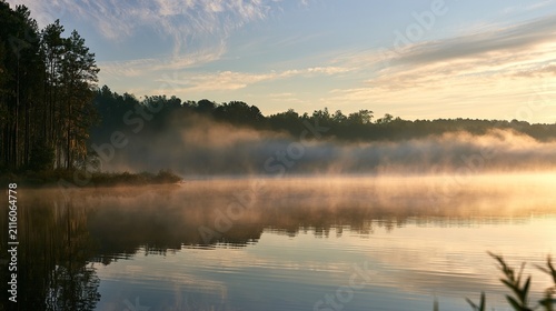 Beautiful landscape of fog rising over a calm lake at dawn. Landscape of dawn fog over a calm lake.