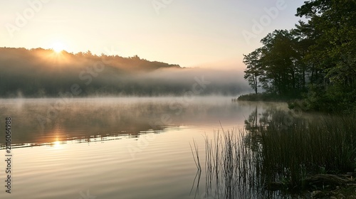 Beautiful landscape of fog rising over a calm lake at dawn. Landscape of dawn fog over a calm lake.