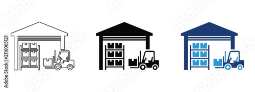 Warehouse Storage Icon Set with Forklift Truck and Cargo Inventory Racks for Logistics Supply Chain UI Layout in Outline Glyph and Blue Flat Vector
