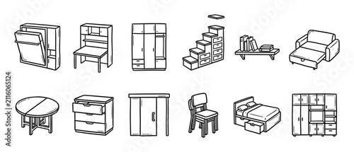 Set of hand-drawn furniture icons showing space-saving solutions like a Murphy bed, storage stairs, and folding table in a simple black and white line art doodle style