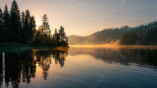 Beautiful landscape of fog rising over a calm lake at dawn. Landscape of dawn fog over a calm lake.