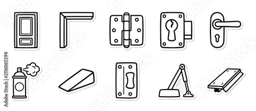 Set of door hardware and installation icons featuring a handle, lock, hinge, closer, and doorstop, illustrated in a simple black and white hand-drawn sticker style