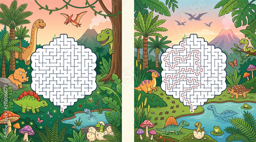 Dinosaur-themed maze puzzle in colorful prehistoric landscape  