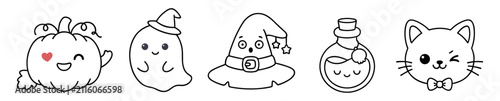 Foto Cute hand-drawn Halloween characters including pumpkin, ghost, witch hat, potion