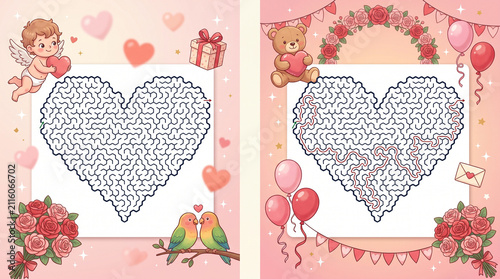 Valentine's Day themed heart maze with cute characters and decorations  