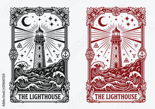 Detailed mystical tarot card vector illustration featuring a lighthouse scene with ocean waves and celestial elements in vintage style