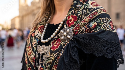 Fiesta del Pilar, a traditional Aragonese Baturra shawl with vibrant silk embroidery and delicate lace textures
