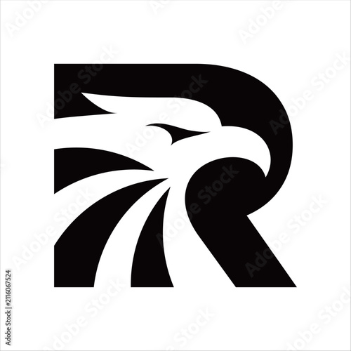 Creative negative space logo vector featuring an eagle silhouette cleverly integrated within the letter R, combining minimalist geometry with premium branding to symbolize strength, vision, leadership
