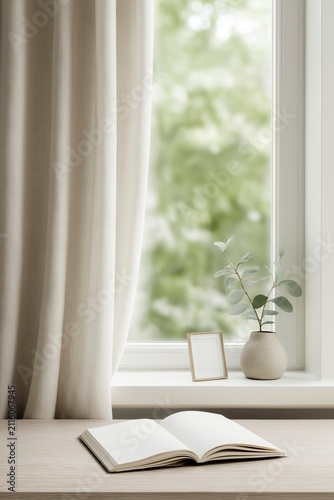 Open book on wood table by window with light curtain. Potted plant and small empty photo frame on white windowsill. Blurred green view outside