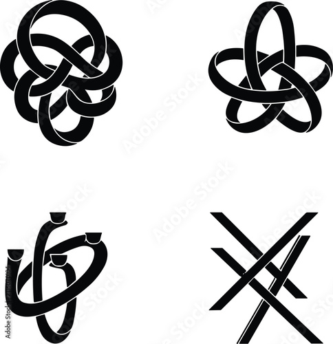 Abstract Interwoven Ribbon Knots and Crossing Lines Black Silhouette Symbol Collection