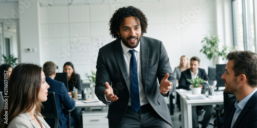 A hopeful mid-career man discusses work with colleagues in a modern, minimalistic office, exuding eagerness and enthusiasm with animated gestures.