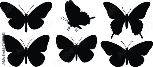 Butterfly Silhouette Set with Flying Butterfly Shapes Isolated on White Background Vector Collection