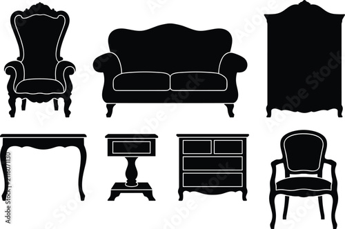 Classic Vintage Furniture Silhouette Set with Elegant Home Interior Icons Isolated on White Background