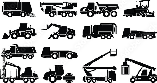 Construction Vehicle Silhouette Collection with Heavy Equipment and Industrial Machinery Icons Isolated on White Background