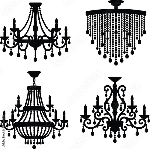 Elegant Vintage Crystal Chandelier Silhouette Vector Set Isolated on White Background for Interior Design