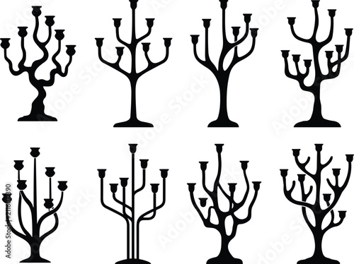 Decorative Candelabra Silhouette Collection with Elegant Candle Holders Isolated on White Background Vector Set