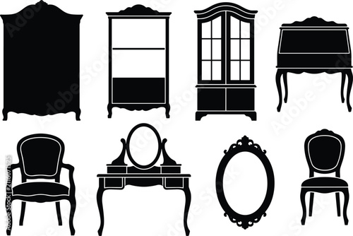 Elegant Vintage Furniture Silhouette Collection with Classic Home Interior Elements Isolated on White Background