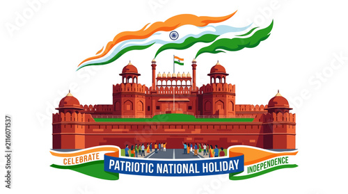 Illustration of the Red Fort in Delhi celebrating Indian Independence Day.