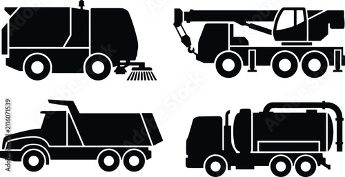 Heavy Construction Truck Silhouette Set with Industrial Utility Vehicles Isolated on White Background