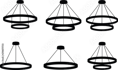 Modern Circular Ring Chandeliers and Pendant Lights Black Silhouette Vector Collection