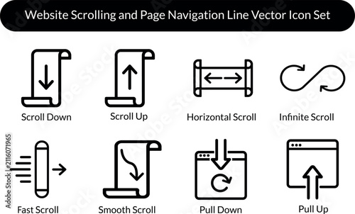 Scrolling And Navigation Line Vector Icons Representing Website Movement And User Interface Elements scroll down
