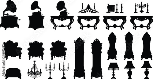 Vintage Antique Furniture Silhouette Collection with Classic Home Decor Elements Isolated on White Background
