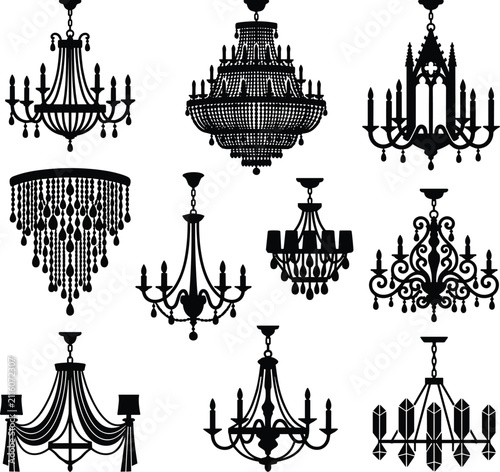 Vintage Chandelier Silhouette Collection Isolated on White Background for Interior and Decorative Lighting Projects