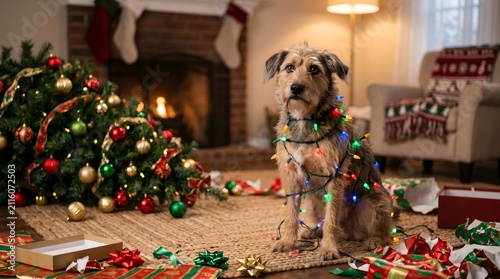 Dog, Chaos. Dog tangled in colorful Christmas lights sitting beside a fallen tree and scattered gift wrap in a festive living room, humorously