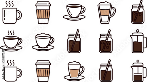 Coffee and Caffeine Beverage Line Icon Set with Espresso Mugs, Takeaway Cups, French Press, and Iced Drinks for Cafe Menus and Vector Graphic Designs