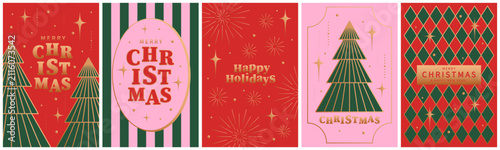 Merry Christmas set of greeting cards. Xmas design with gold vintage decorations red, green and pink color for posters, holiday covers, backgrounds, sales. Vector illustration