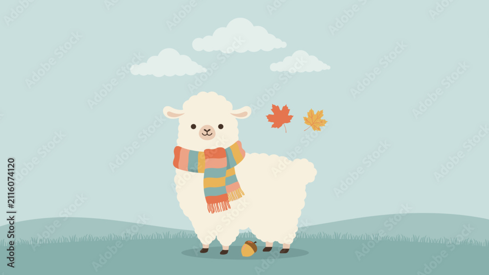 Obraz premium Alpaca wrapped in scarf – Great for autumn greeting cards, cozy lifestyle graphics, or stationery.