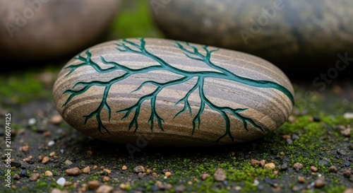 Carved River Stone with Green Branch Pattern on Mossy Ground
